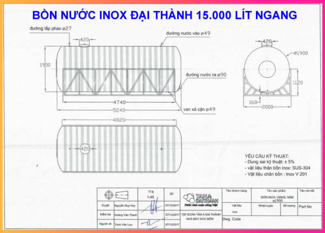 BẢNG VẼ KỶ THUẬT BỒN INOX 15M3 ĐẠI THÀNH