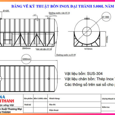 BẢNG VẼ KỶ THUẬT BỒN INOX ĐẠI THÀNH 5000 LÍT NGANG