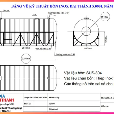 BẢNG VẼ KỶ THUẬT BỒN INOX ĐẠI THÀNH 5000 LÍT NGANG