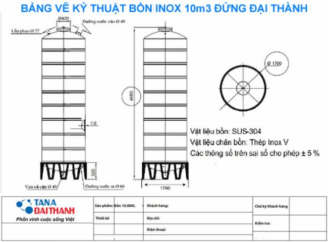 Bảng vẽ kỷ thuật bồn inox 10m3 đứng Đại Thành ĐK 1.700