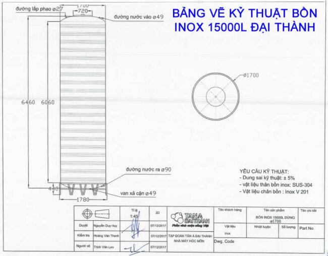 BẢNG VẼ KỶ THUẬT BỒN INOX 15000L ĐỨNG ĐẠI THÀNH
