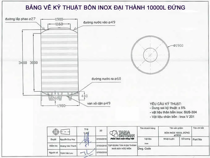 Bảng vẽ kỷ thuật bồn inox 10m3 đứng Đại Thành