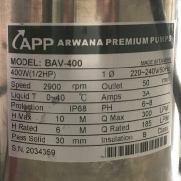 THÔNG SỐ KỶ THUẬT MÁY BƠM BAV 400