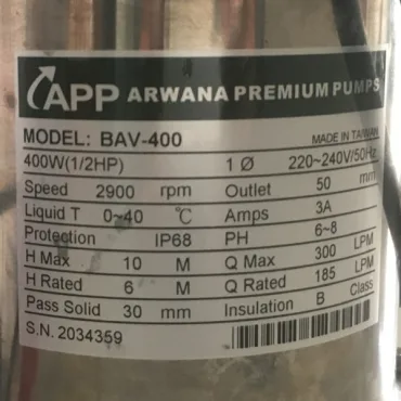 THÔNG SỐ KỶ THUẬT MÁY BƠM BAV 400