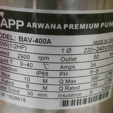 THÔNG SỐ KỶ THUẬT MÁY BƠM NƯỚC APP BAV-400A