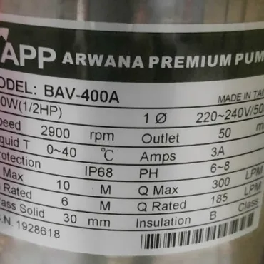 THÔNG SỐ KỶ THUẬT MÁY BƠM NƯỚC APP BAV-400A