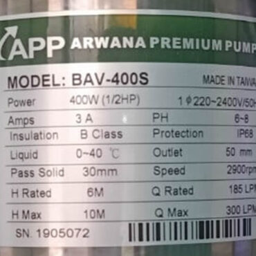 THÔNG SỐ KỶ THUẬT MÁY BƠM APP BAV-400S
