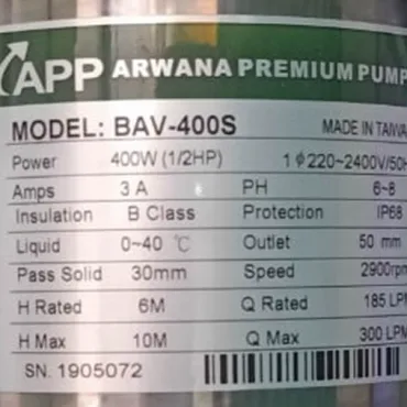THÔNG SỐ KỶ THUẬT MÁY BƠM APP BAV-400S