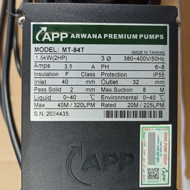 Thông số kỷ thuật Máy bơm nước 2Hp APP MT84T