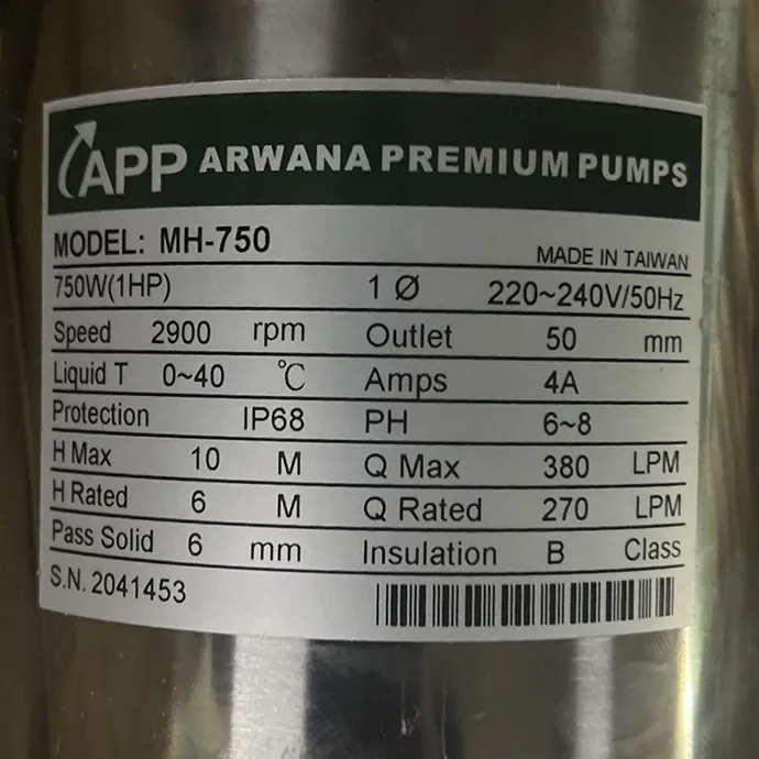 Thông số kỷ thuật máy bơm APP MH 750 750w