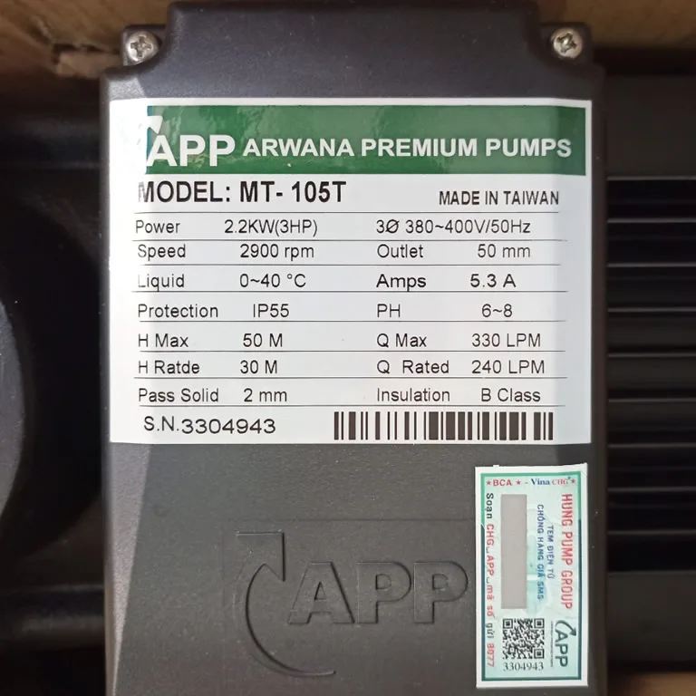 Thông số kỷ thuật Máy bơm 3HP 380V APP MT-105T