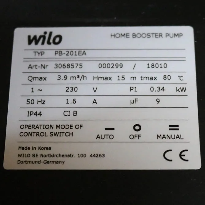 Máy bơm tăng áp nước nóng Wilo PB-201EA 340W - Ảnh 2
