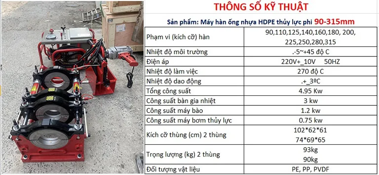 Thông số kỷ thuật Máy hàn ống HDPe 315