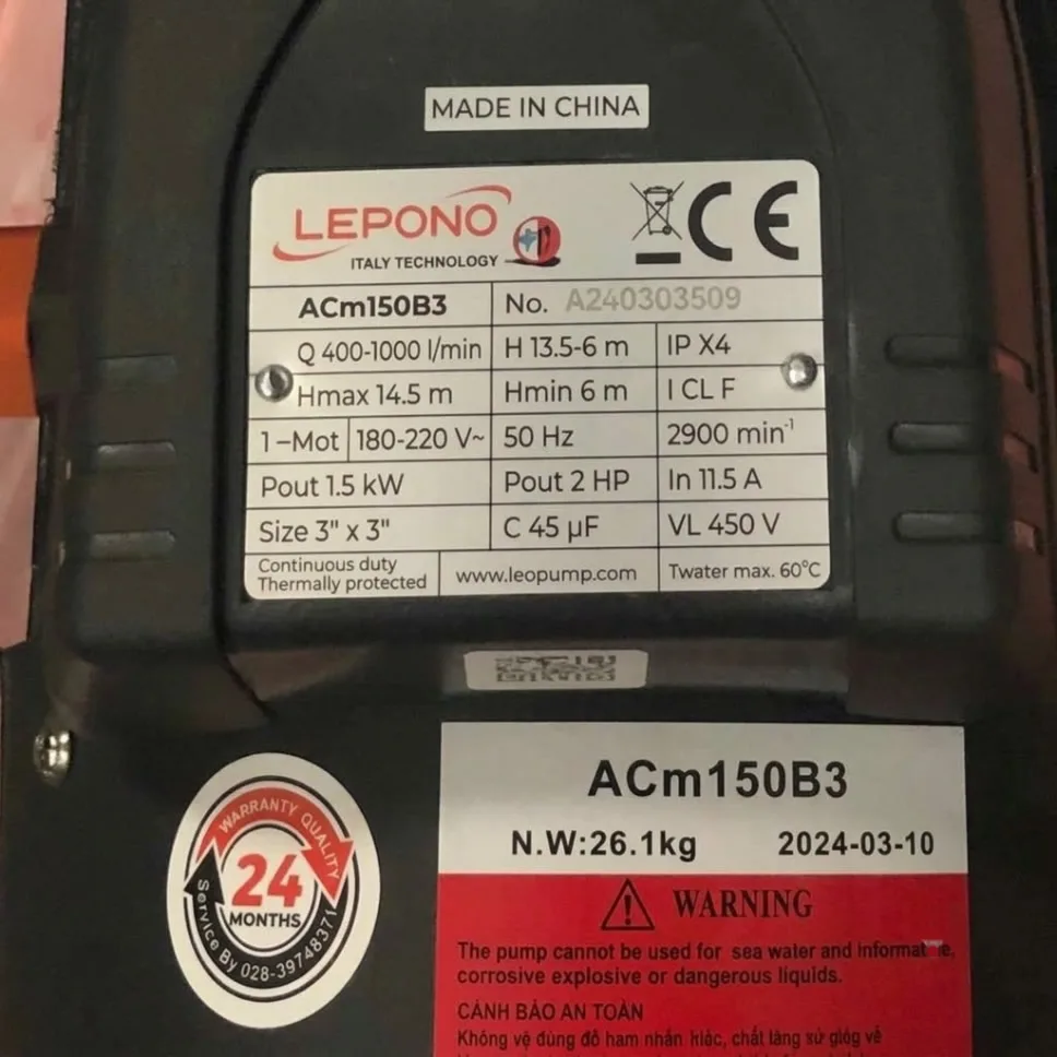 Thông số kỷ thuật Máy bơm nước Lepono ACm150B3