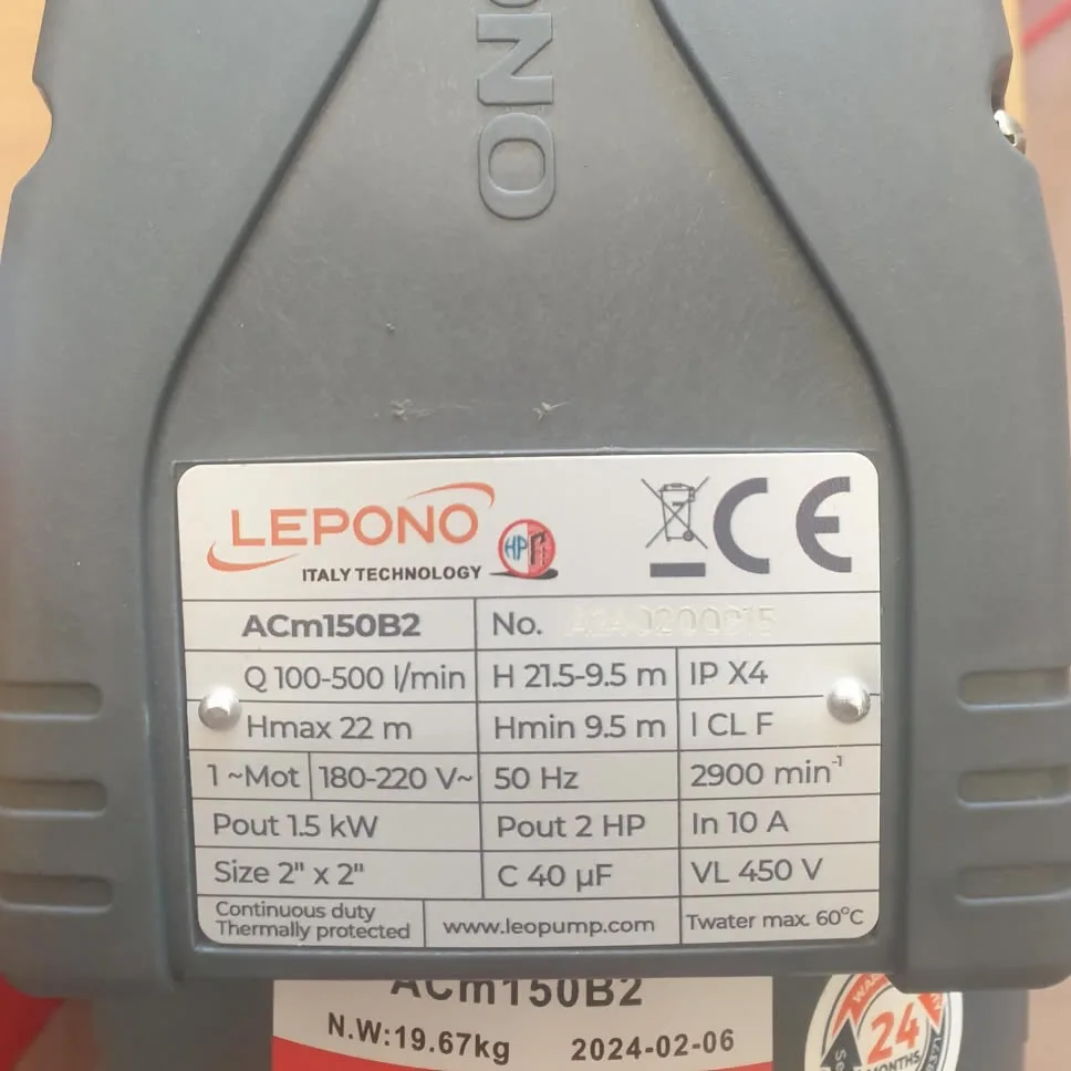 Thông số kỷ thuật Máy bơm nước Lepono ACm150B2