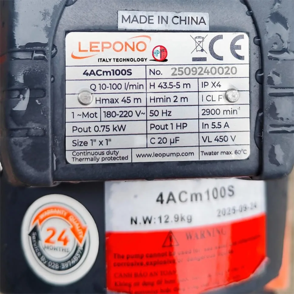 Thông số kỷ thuật Máy bơm nước Lepono 4ACm100S