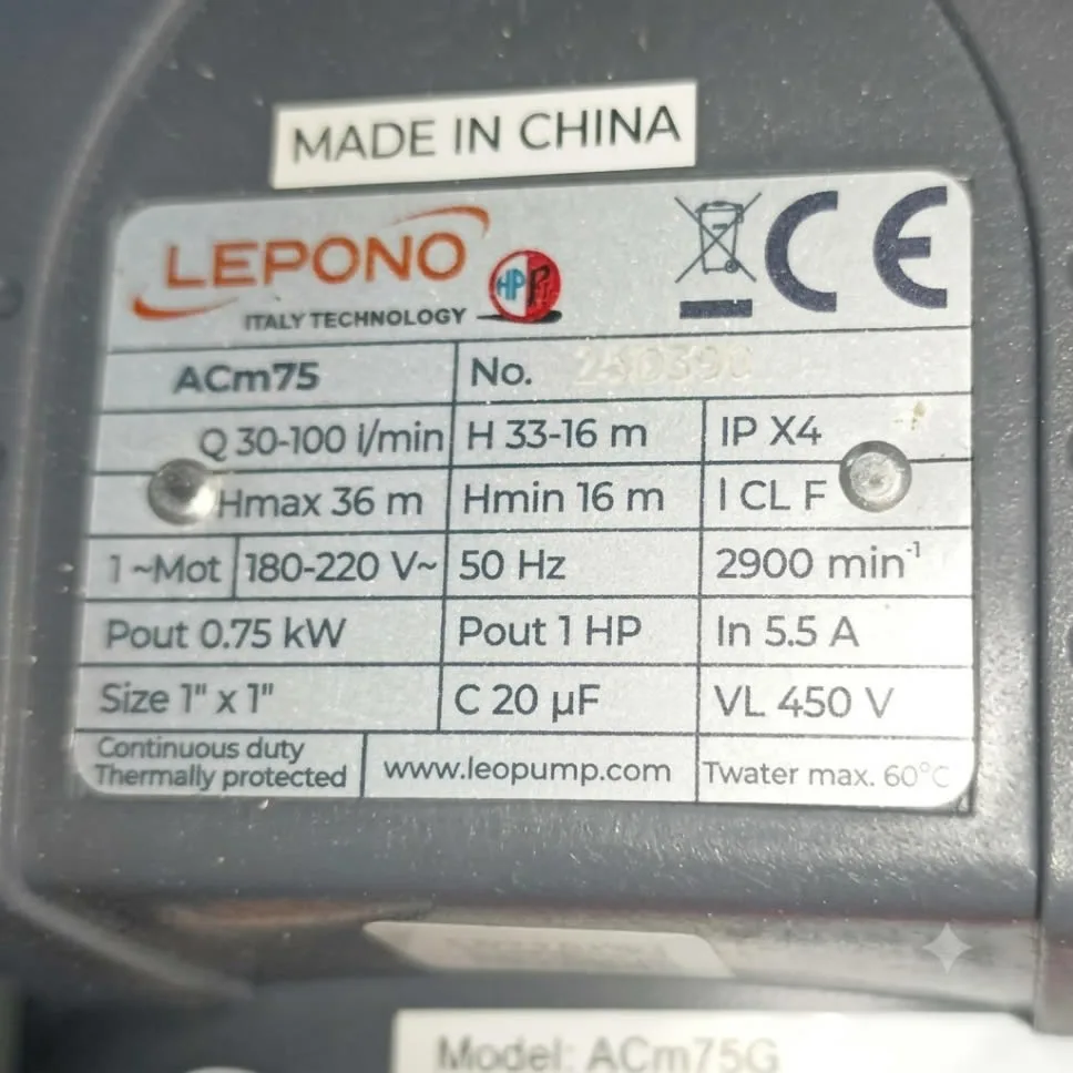Thông số kỷ thuật Máy bơm nước Lepono ACm75