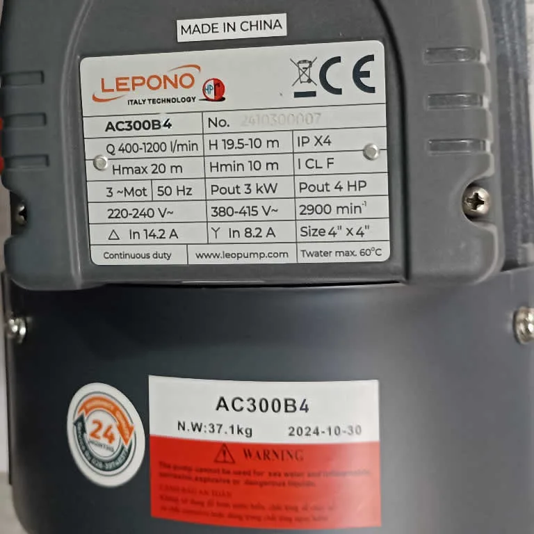 Thông số kỷ thuật Máy bơm nước Lepono AC300B4