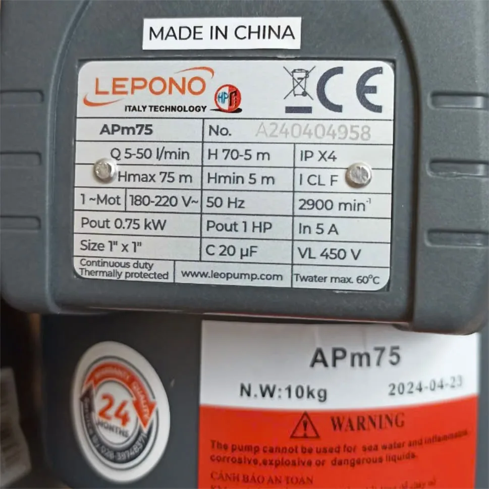Thông số kỷ thuật Máy bơm nước Lepono APm75