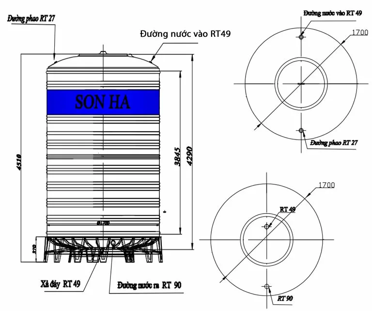 Bảng vẽ kỷ thuật Bồn inox Sơn Hà 10.000 lít đứng
