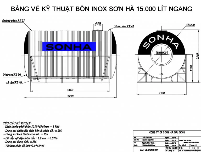 Bảng vẽ Thông số kỷ thuật Bồn inox Sơn Hà 15.000 lít ngang