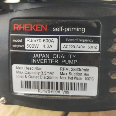 Thông số kỷ thuật máy bơm tăng áp điện tử 600w Rheken 600A