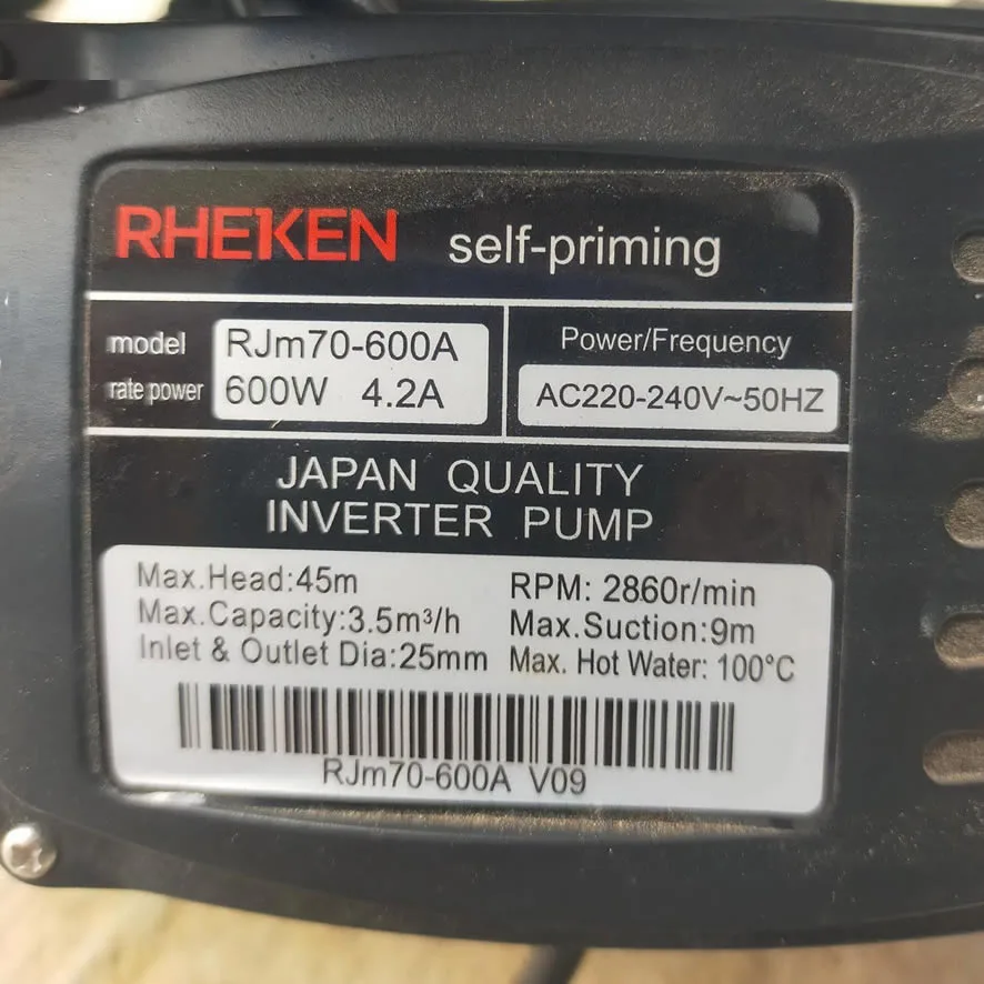 Thông số kỷ thuật máy bơm tăng áp điện tử 600w Rheken 600A