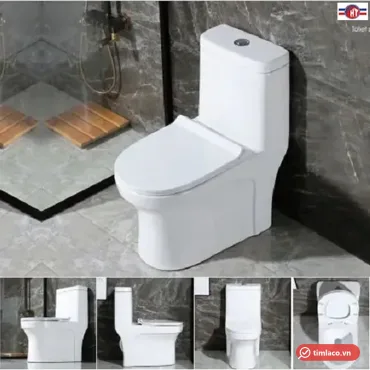 B&agrave;n cầu một khối Hwata HT-127 m&agrave;u trắng, nắp đ&oacute;ng &ecirc;m, đặt trong ph&ograve;ng tắm ốp đ&aacute;