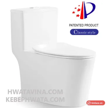 Bàn cầu một khối Hwata HT-180 màu trắng, két nước vuông, thân thuôn dài, nắp đóng êm