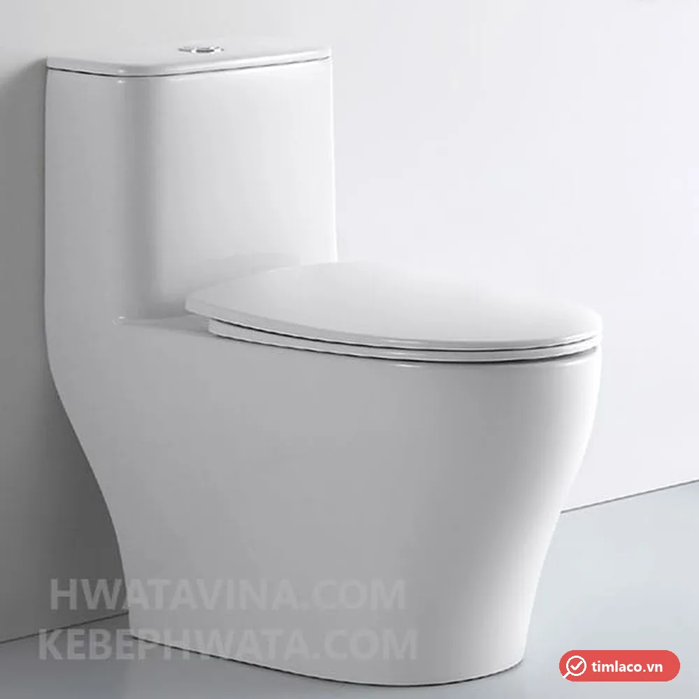 Bàn cầu một khối Hwata HT-189 màu trắng đặt sát tường, thân bo cong, nắp đóng êm