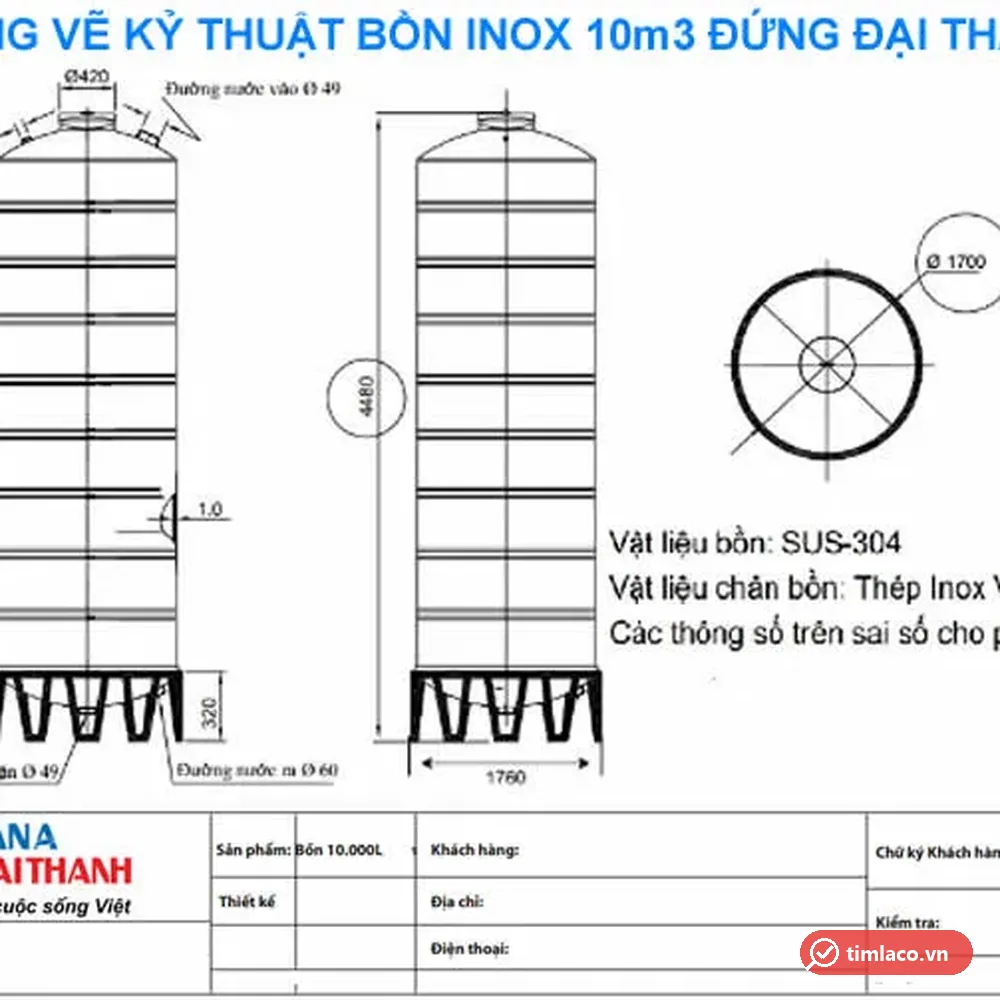 Bản vẽ kỹ thuật bồn inox Đại Thành 10.000 lít đứng đường kính 1700 mm, cao 4480 mm