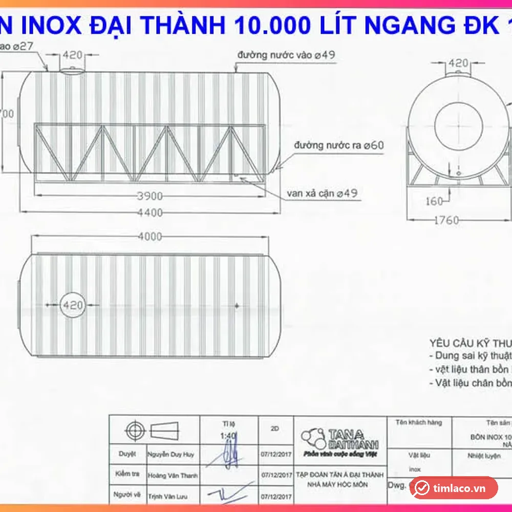 Bản vẽ kỹ thuật bồn inox Đại Thành 10.000 lít ngang đường kính 1700 mm, dài 4400 mm