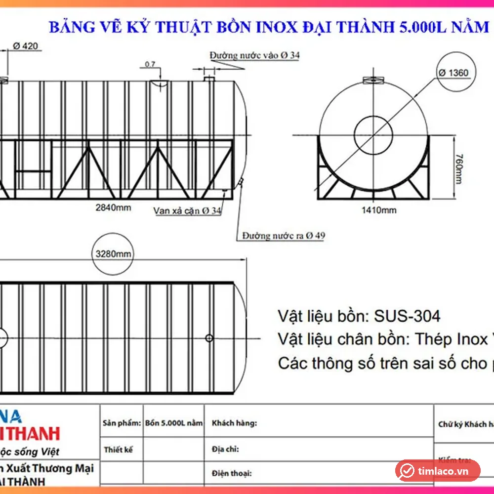Bản vẽ kỹ thuật bồn inox Đại Thành 5000 lít nằm, đường kính 1360 mm, dài 3280 mm