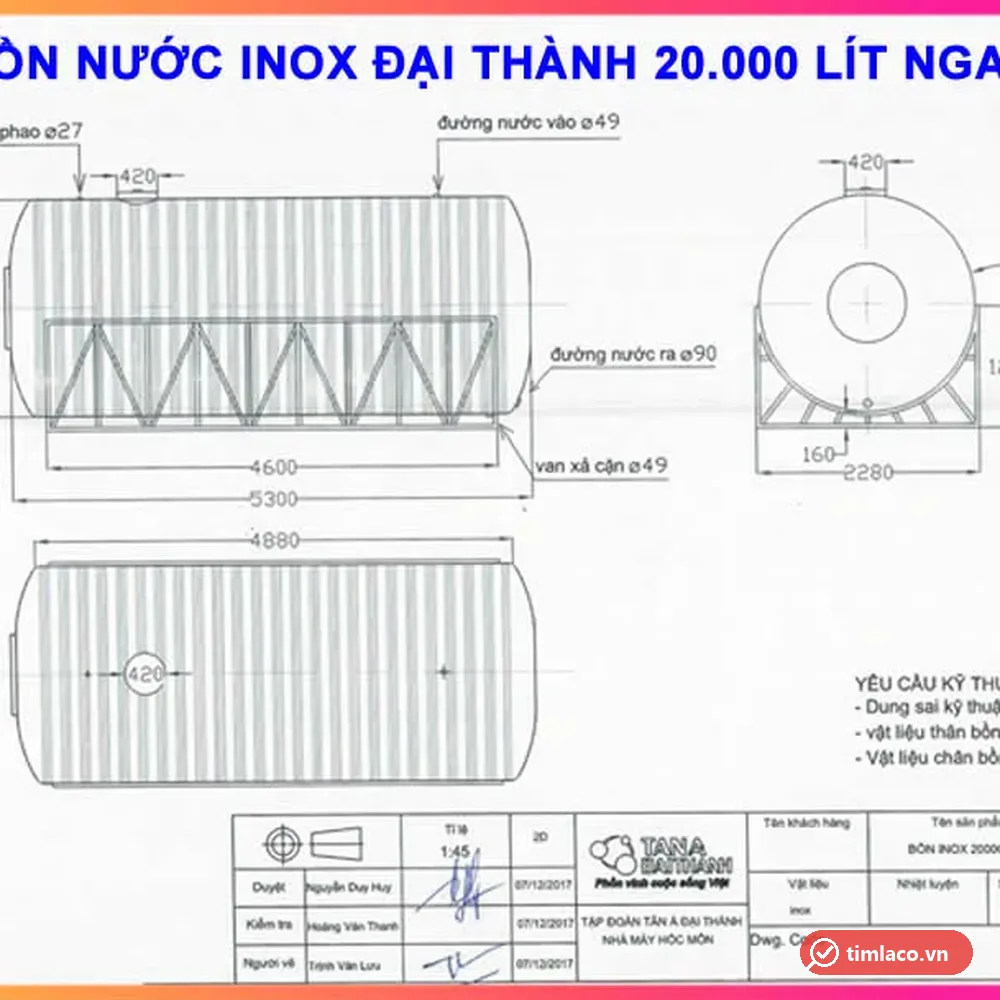 Bản vẽ kỹ thuật bồn inox Đại Thành 20000 lít nằm ngang Ø2200, dài 5300 mm