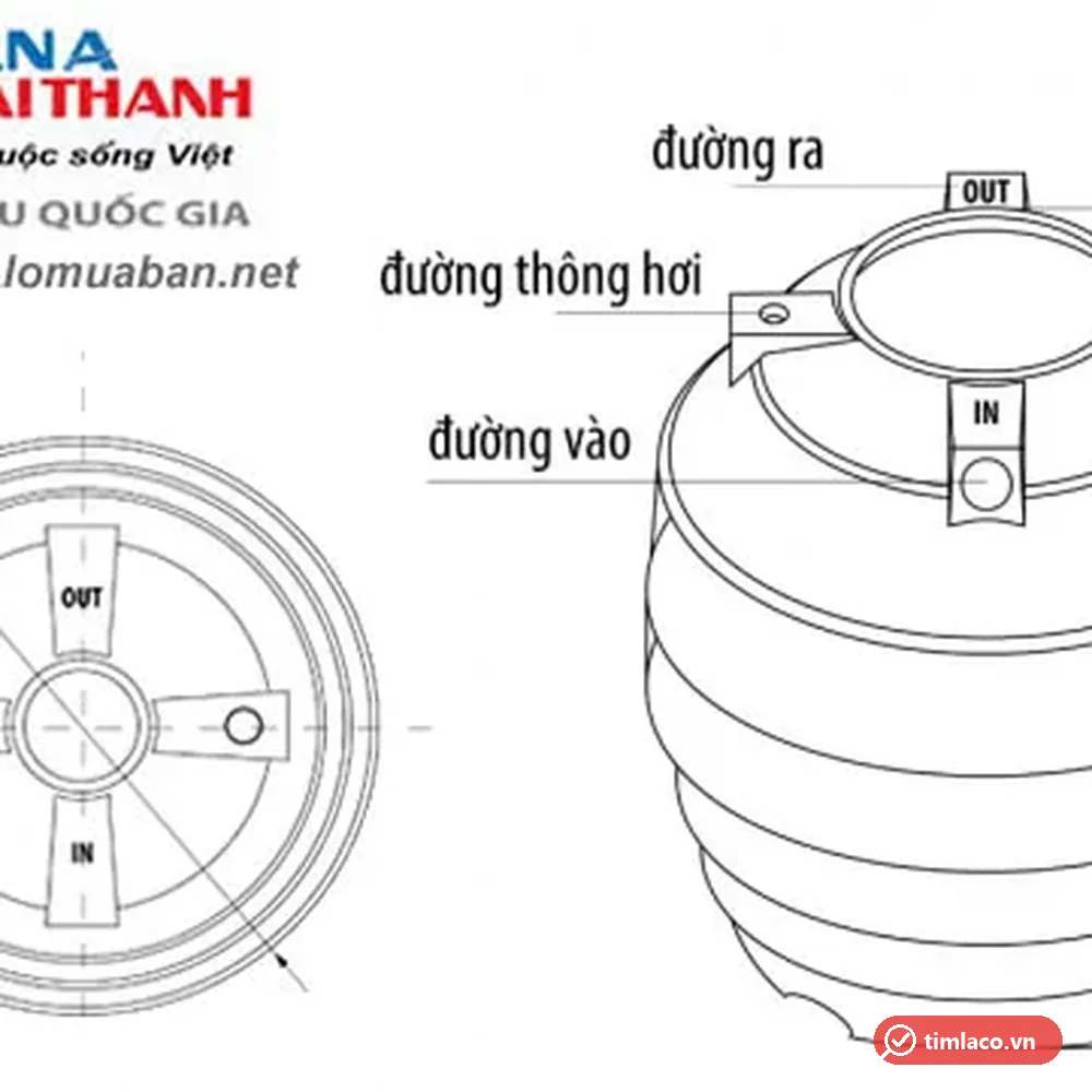 Bản vẽ kỹ thuật bồn tự hoại Tân Á Đại Thành nhìn từ trên và nhìn ngang (ảnh minh hoạ dòng hàng)