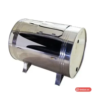 Bình nước phụ inox 25 lít dạng trụ nằm ngang, nắp đậy phía trên, hai chân đỡ
