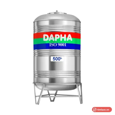 Bồn nước inox Dapha 500 lít kiểu đứng có chân inox, dải màu đỏ xanh lá xanh dương in chữ DAPHA ISO 9001 (ảnh minh hoạ dòng hàng)