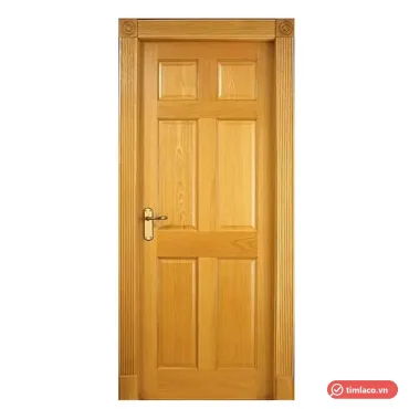 Cửa phòng gỗ một cánh pano 6 ô, khung bao chỉ nổi, tay nắm màu đồng (ảnh minh hoạ dòng hàng)