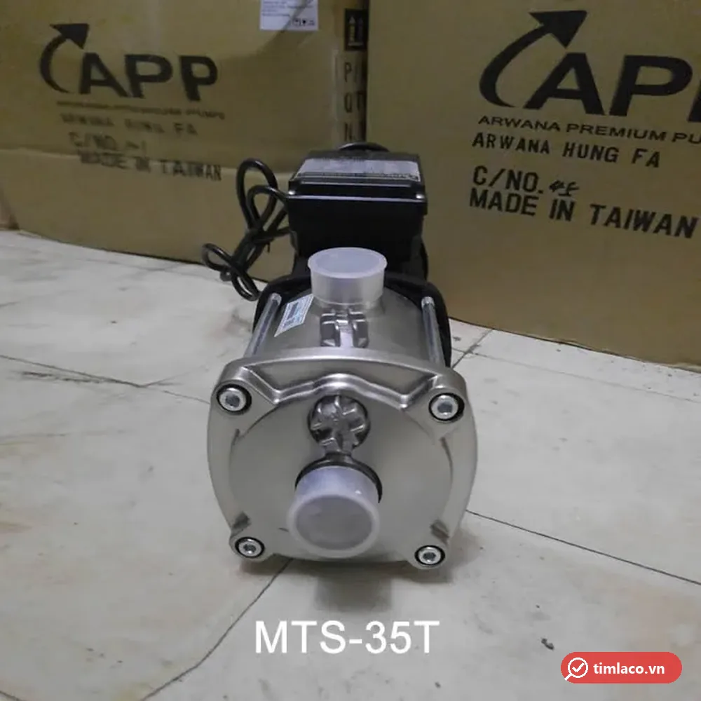 Đầu bơm inox của máy bơm APP dòng MTS nhìn chính diện, cổng hút phía trước và cổng xả phía trên (ảnh minh hoạ dòng hàng)