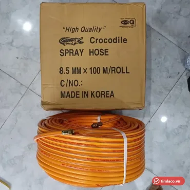 Cuộn dây hơi Cá Sấu Crocodile 8,5 mm màu cam đặt cạnh hộp ghi 8.5 mm × 100 m/roll, Made in Korea