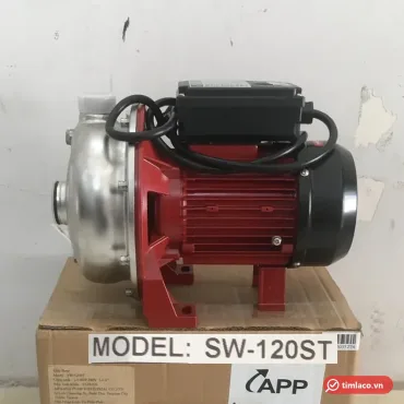 Máy bơm đầu inox APP SW-120ST 1.25HP 380V, mô tơ đỏ, đặt trên thùng hàng ghi MODEL SW-120ST