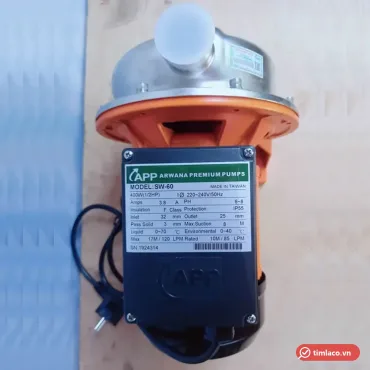 Máy bơm APP SW-60 đầu inox, tem nhãn trên hộp điện ghi MODEL SW-60 400W