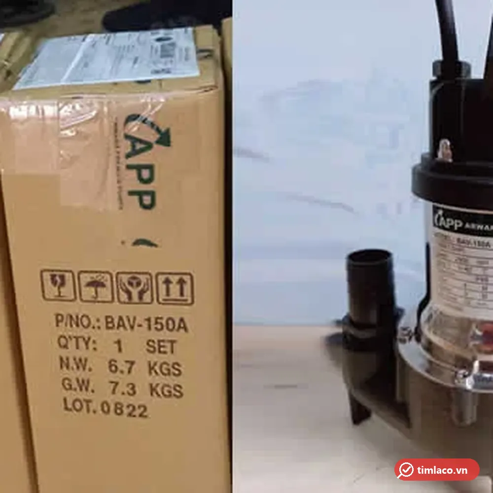 Thùng hàng in P/N BAV-150A, N.W. 6,7 kg, G.W. 7,3 kg và máy bơm chìm APP BAV-150A có phao