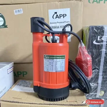 Máy bơm chìm APP BPS-200A thân nhựa đỏ, kèm phao điện màu đỏ, tem ghi model BPS-200A