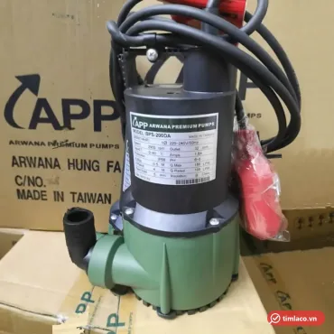 Máy bơm chìm APP BPS-200DA vỏ đen, buồng bơm xanh, kèm phao điện đỏ, tem ghi model BPS-200DA