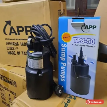 Máy bơm chìm APP TPS-50 thân đen đặt cạnh hộp máy in TPS-50 Sump Pumps