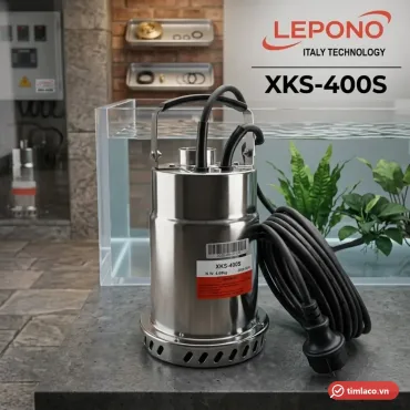 Máy bơm chìm Lepono XKS-400S thân inox, nhãn XKS-400S trên thân, cuộn dây điện bên cạnh