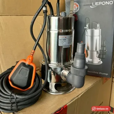Máy bơm chìm Lepono XKS-750SW thân inox, cửa xả ngang ở chân gắn cút nối, phao cam và cuộn dây điện