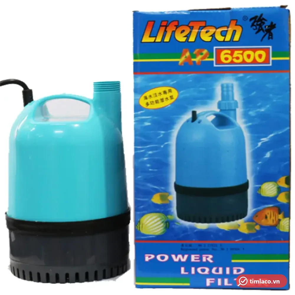 Máy bơm chìm Lifetech AP6500 thân tròn màu xanh có quai xách, bên cạnh hộp Power Liquid Filter in mã AP 6500