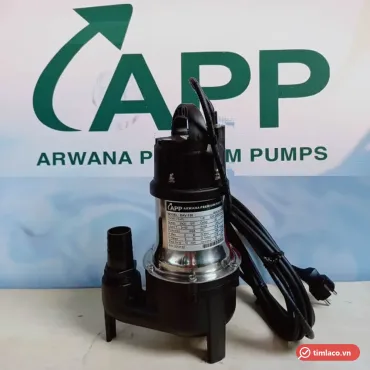 Máy bơm chìm nước thải APP BAV-150 thân inox, tem nhãn BAV-150, đầu nối ống xả và dây điện